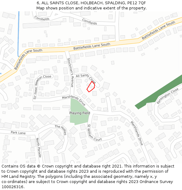 6, ALL SAINTS CLOSE, HOLBEACH, SPALDING, PE12 7QF: Location map and indicative extent of plot