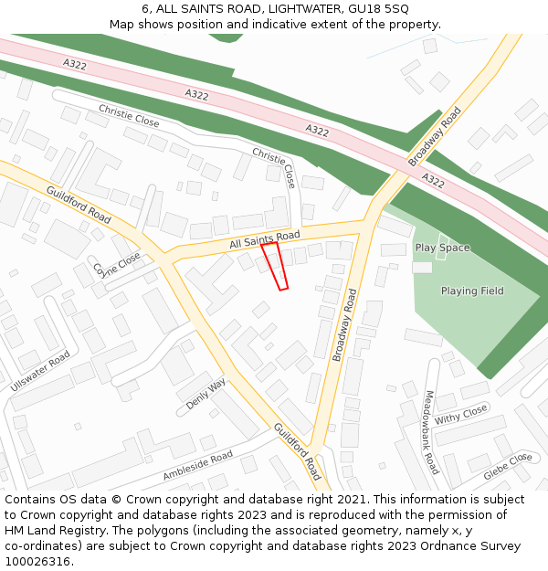 6, ALL SAINTS ROAD, LIGHTWATER, GU18 5SQ: Location map and indicative extent of plot