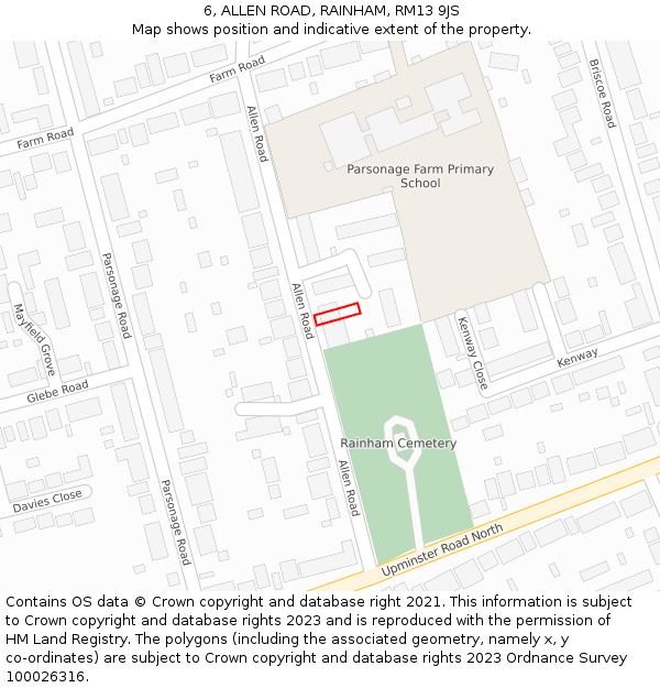 6, ALLEN ROAD, RAINHAM, RM13 9JS: Location map and indicative extent of plot