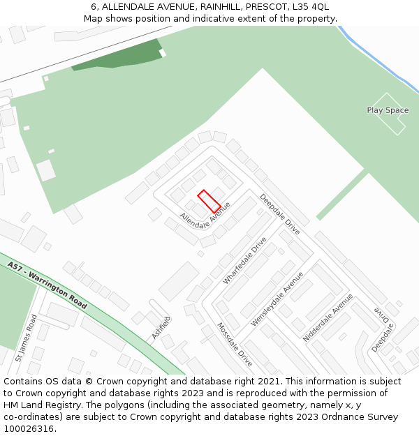 6, ALLENDALE AVENUE, RAINHILL, PRESCOT, L35 4QL: Location map and indicative extent of plot