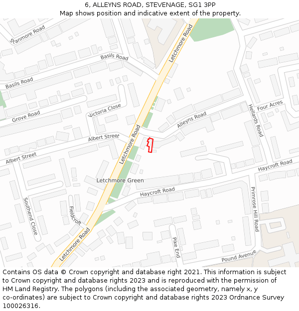 6, ALLEYNS ROAD, STEVENAGE, SG1 3PP: Location map and indicative extent of plot