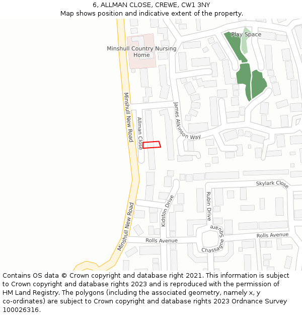 6, ALLMAN CLOSE, CREWE, CW1 3NY: Location map and indicative extent of plot