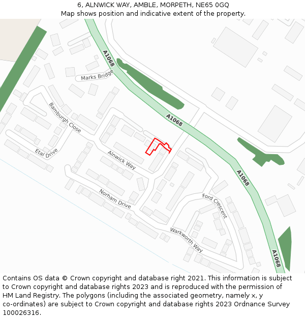 6, ALNWICK WAY, AMBLE, MORPETH, NE65 0GQ: Location map and indicative extent of plot