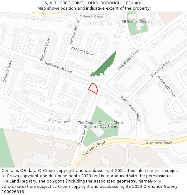 6, ALTHORPE DRIVE, LOUGHBOROUGH, LE11 4QU: Location map and indicative extent of plot