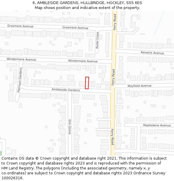 6, AMBLESIDE GARDENS, HULLBRIDGE, HOCKLEY, SS5 6ES: Location map and indicative extent of plot