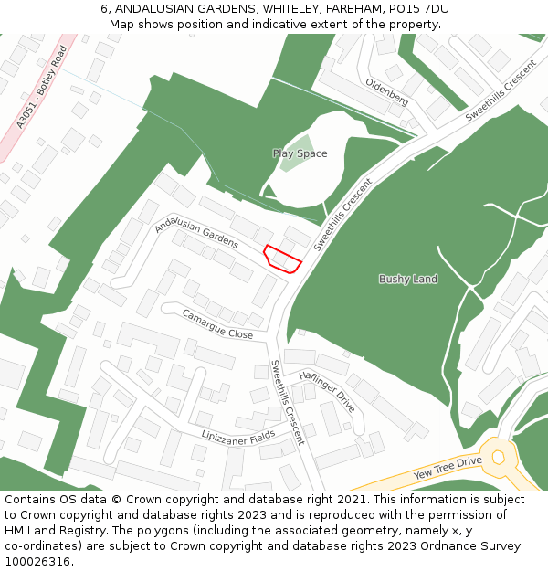 6, ANDALUSIAN GARDENS, WHITELEY, FAREHAM, PO15 7DU: Location map and indicative extent of plot