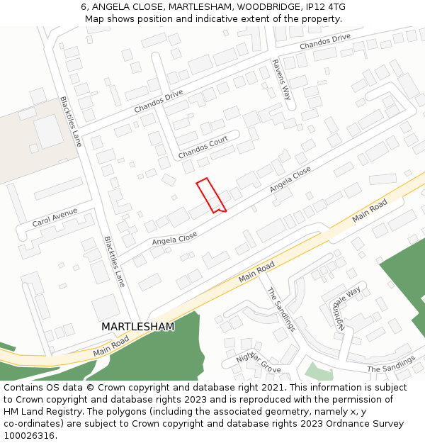 6, ANGELA CLOSE, MARTLESHAM, WOODBRIDGE, IP12 4TG: Location map and indicative extent of plot