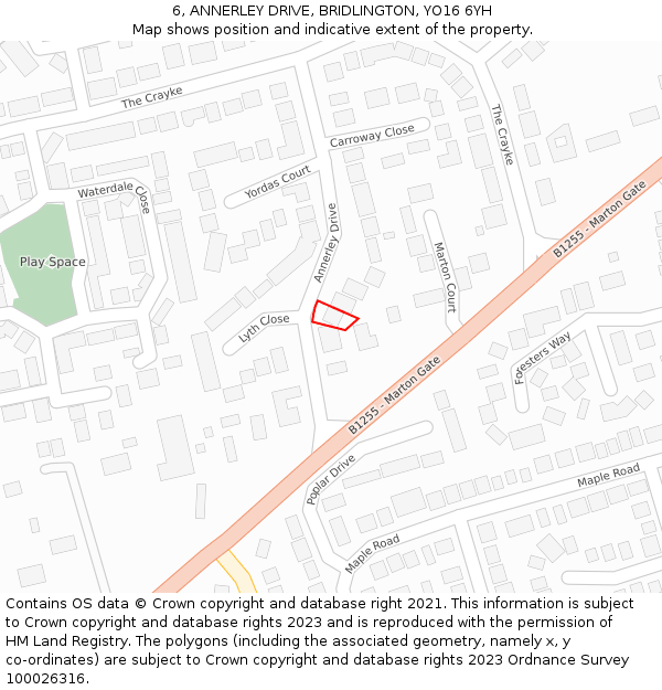 6, ANNERLEY DRIVE, BRIDLINGTON, YO16 6YH: Location map and indicative extent of plot