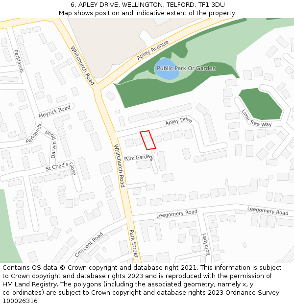6, APLEY DRIVE, WELLINGTON, TELFORD, TF1 3DU: Location map and indicative extent of plot