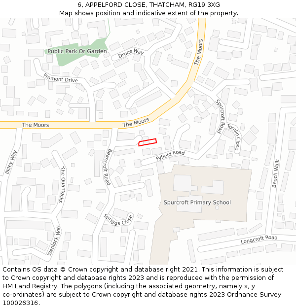 6, APPELFORD CLOSE, THATCHAM, RG19 3XG: Location map and indicative extent of plot