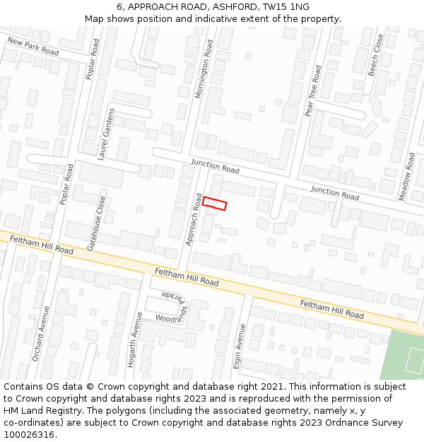 6, APPROACH ROAD, ASHFORD, TW15 1NG: Location map and indicative extent of plot