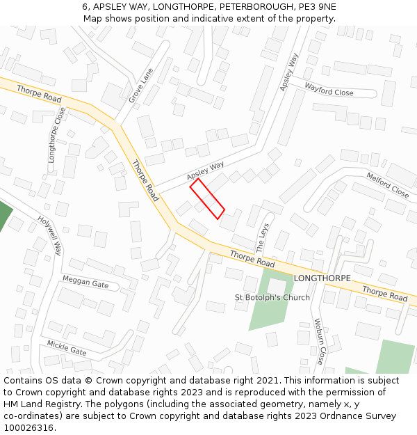 6, APSLEY WAY, LONGTHORPE, PETERBOROUGH, PE3 9NE: Location map and indicative extent of plot