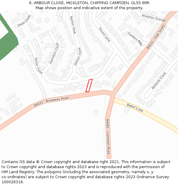 6, ARBOUR CLOSE, MICKLETON, CHIPPING CAMPDEN, GL55 6RR: Location map and indicative extent of plot