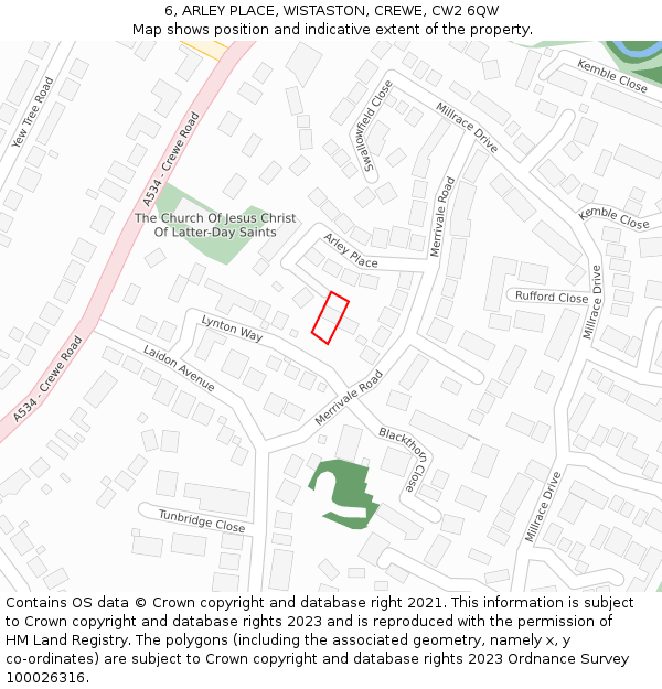 6, ARLEY PLACE, WISTASTON, CREWE, CW2 6QW: Location map and indicative extent of plot