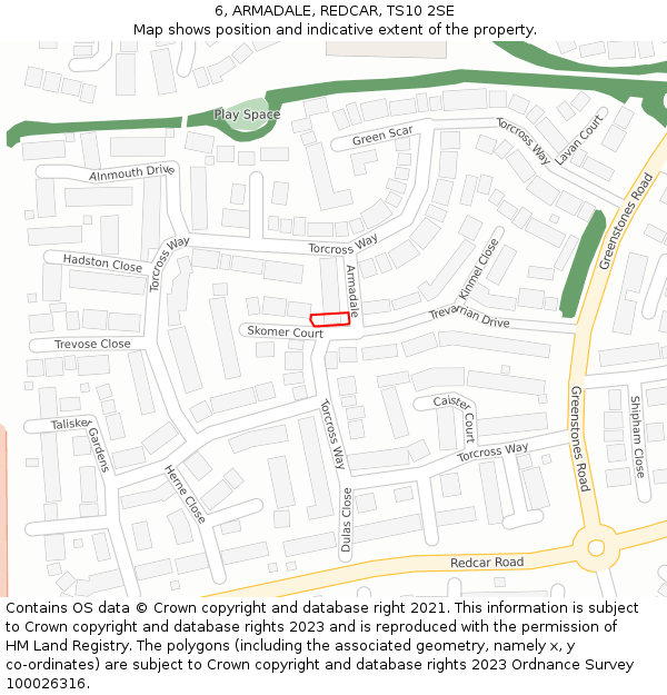 6, ARMADALE, REDCAR, TS10 2SE: Location map and indicative extent of plot