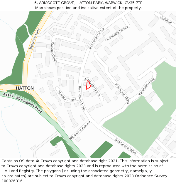 6, ARMSCOTE GROVE, HATTON PARK, WARWICK, CV35 7TP: Location map and indicative extent of plot