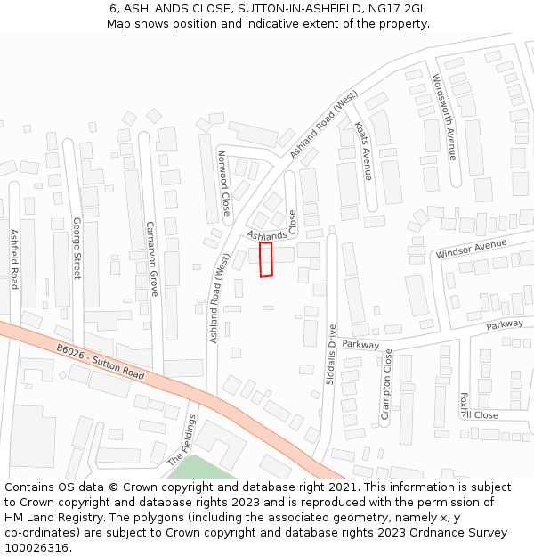 6, ASHLANDS CLOSE, SUTTON-IN-ASHFIELD, NG17 2GL: Location map and indicative extent of plot