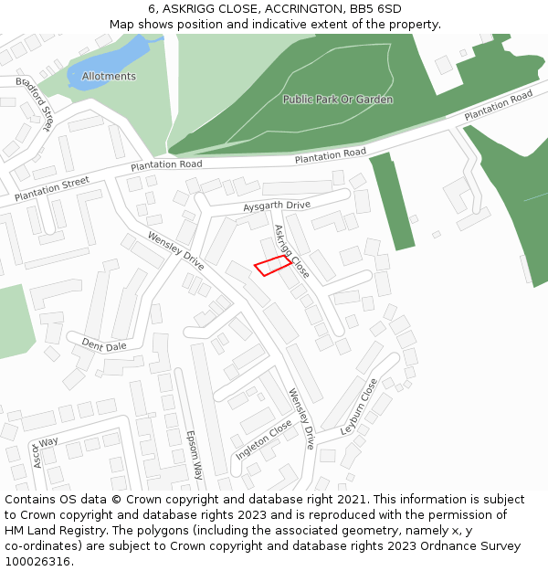 6, ASKRIGG CLOSE, ACCRINGTON, BB5 6SD: Location map and indicative extent of plot