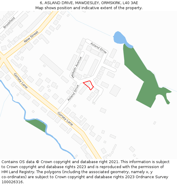 6, ASLAND DRIVE, MAWDESLEY, ORMSKIRK, L40 3AE: Location map and indicative extent of plot