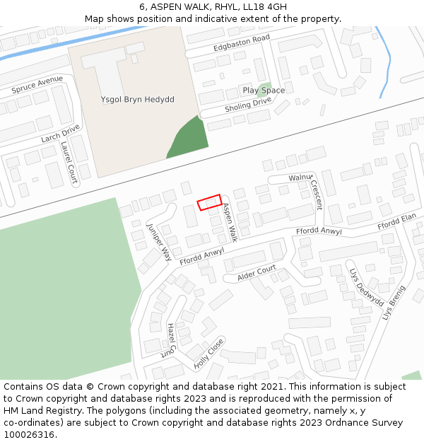 6, ASPEN WALK, RHYL, LL18 4GH: Location map and indicative extent of plot