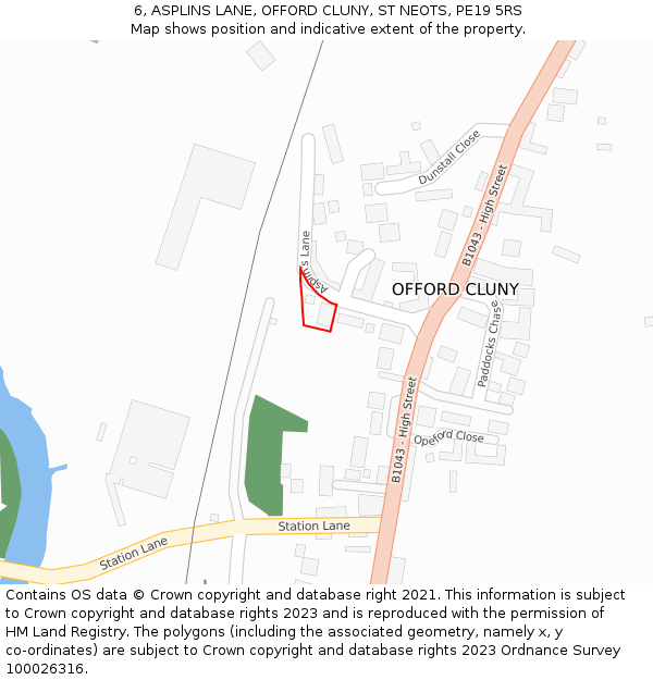 6, ASPLINS LANE, OFFORD CLUNY, ST NEOTS, PE19 5RS: Location map and indicative extent of plot