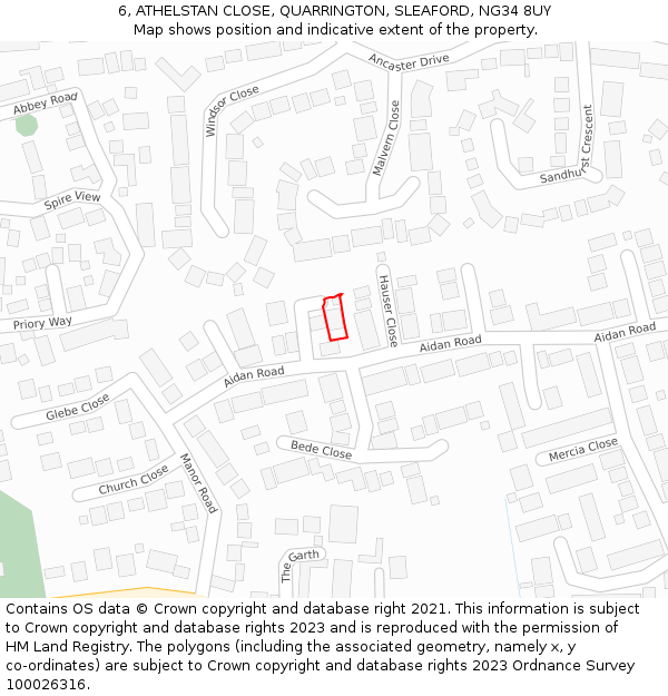 6, ATHELSTAN CLOSE, QUARRINGTON, SLEAFORD, NG34 8UY: Location map and indicative extent of plot