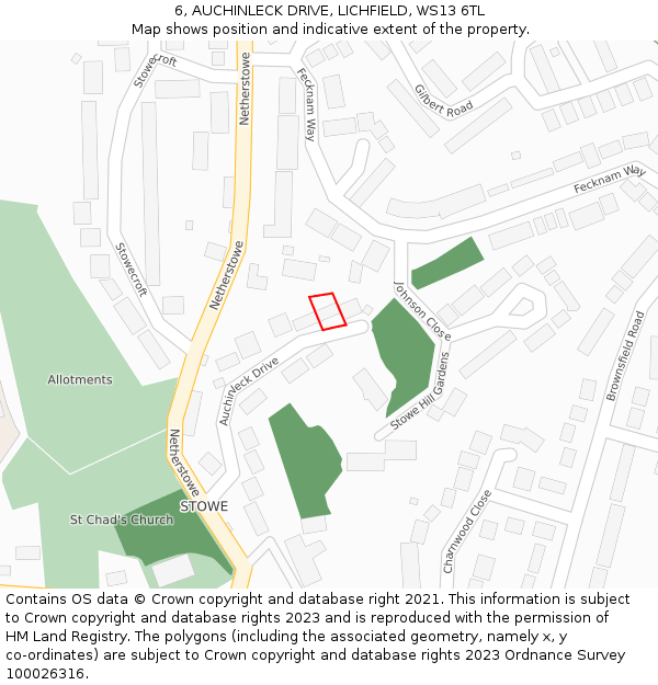 6, AUCHINLECK DRIVE, LICHFIELD, WS13 6TL: Location map and indicative extent of plot
