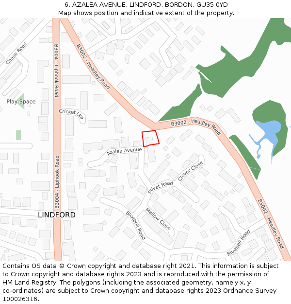 6, AZALEA AVENUE, LINDFORD, BORDON, GU35 0YD: Location map and indicative extent of plot