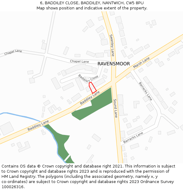 6, BADDILEY CLOSE, BADDILEY, NANTWICH, CW5 8PU: Location map and indicative extent of plot
