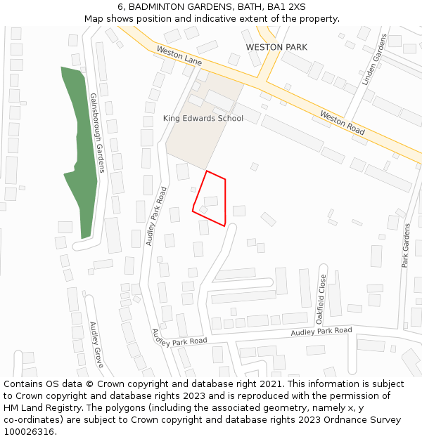 6, BADMINTON GARDENS, BATH, BA1 2XS: Location map and indicative extent of plot