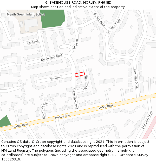 6, BAKEHOUSE ROAD, HORLEY, RH6 8JD: Location map and indicative extent of plot