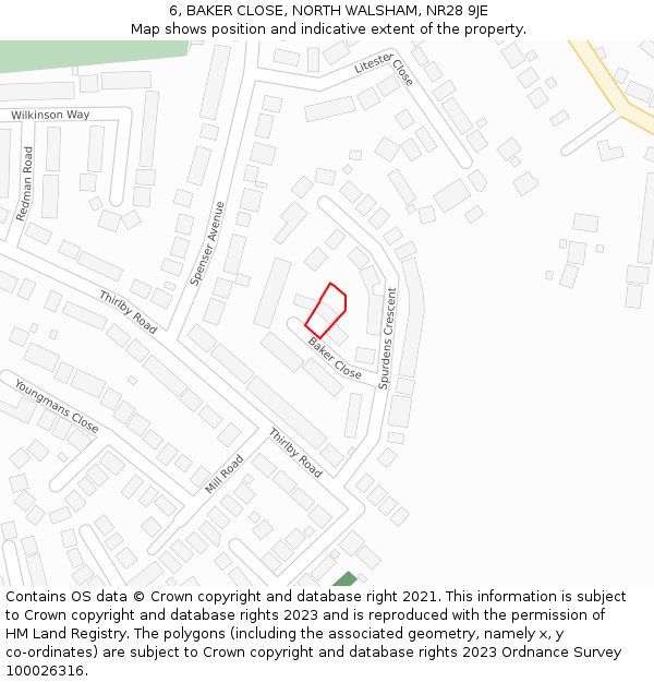 6, BAKER CLOSE, NORTH WALSHAM, NR28 9JE: Location map and indicative extent of plot