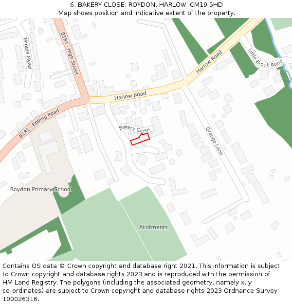 6, BAKERY CLOSE, ROYDON, HARLOW, CM19 5HD: Location map and indicative extent of plot