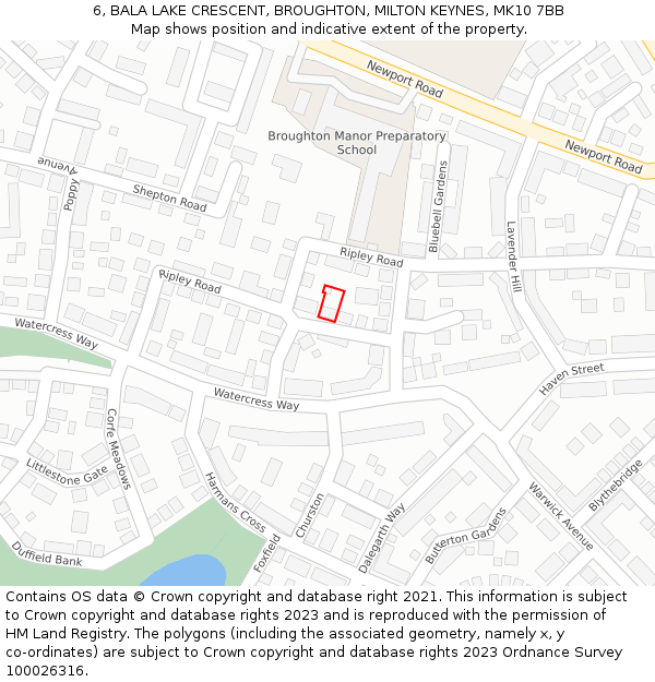 6, BALA LAKE CRESCENT, BROUGHTON, MILTON KEYNES, MK10 7BB: Location map and indicative extent of plot