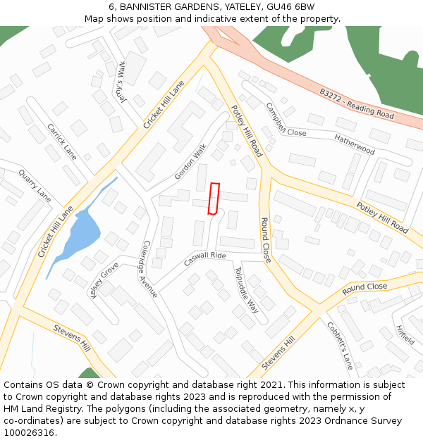 6, BANNISTER GARDENS, YATELEY, GU46 6BW: Location map and indicative extent of plot