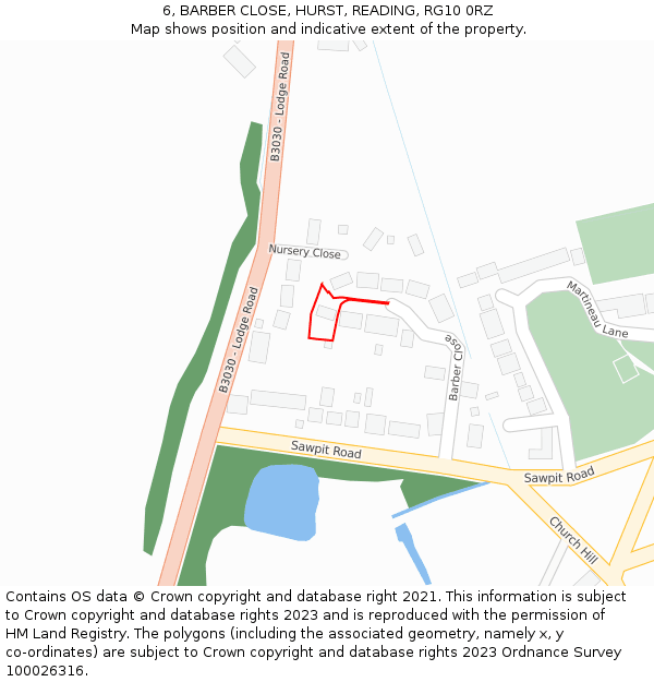 6, BARBER CLOSE, HURST, READING, RG10 0RZ: Location map and indicative extent of plot