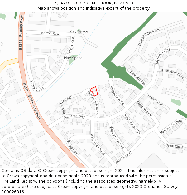6, BARKER CRESCENT, HOOK, RG27 9FR: Location map and indicative extent of plot