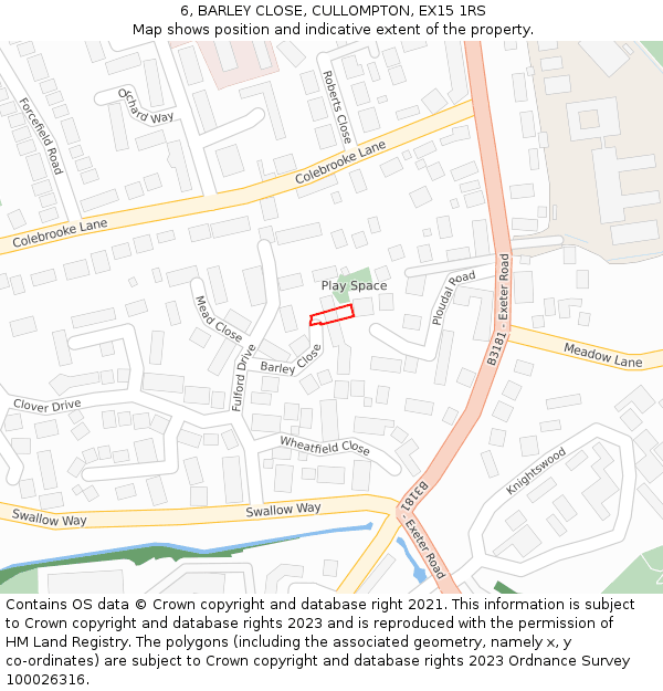 6, BARLEY CLOSE, CULLOMPTON, EX15 1RS: Location map and indicative extent of plot