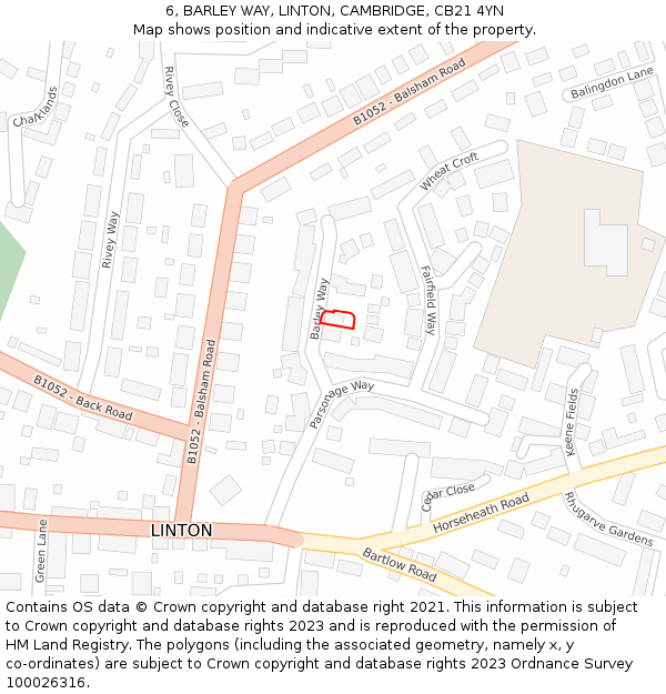 6, BARLEY WAY, LINTON, CAMBRIDGE, CB21 4YN: Location map and indicative extent of plot