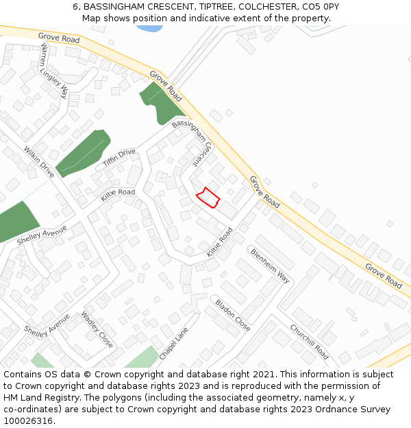 6, BASSINGHAM CRESCENT, TIPTREE, COLCHESTER, CO5 0PY: Location map and indicative extent of plot