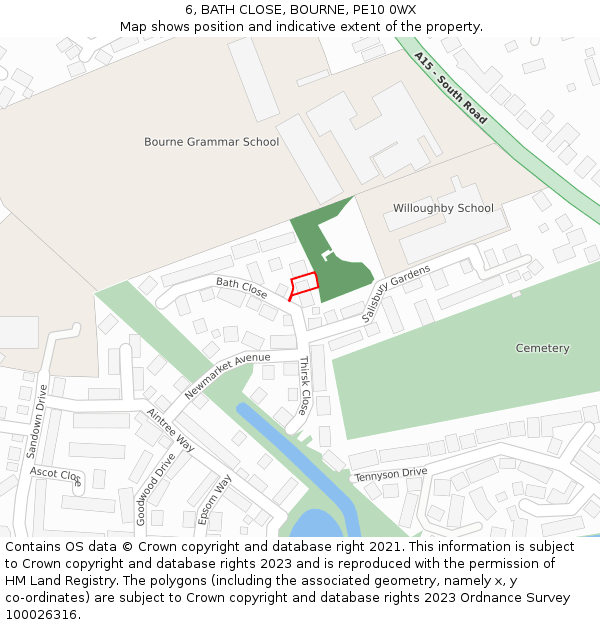 6, BATH CLOSE, BOURNE, PE10 0WX: Location map and indicative extent of plot