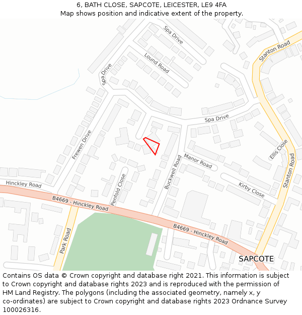 6, BATH CLOSE, SAPCOTE, LEICESTER, LE9 4FA: Location map and indicative extent of plot