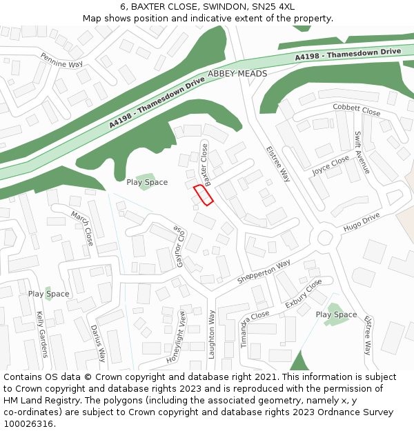 6, BAXTER CLOSE, SWINDON, SN25 4XL: Location map and indicative extent of plot