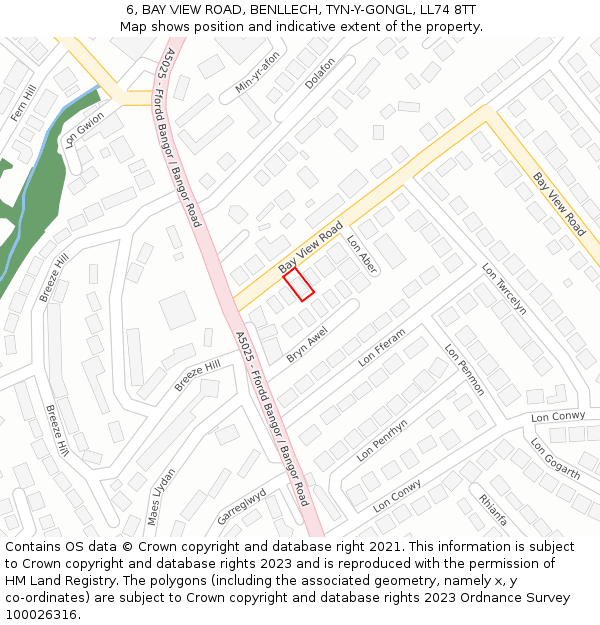 6, BAY VIEW ROAD, BENLLECH, TYN-Y-GONGL, LL74 8TT: Location map and indicative extent of plot