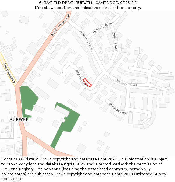 6, BAYFIELD DRIVE, BURWELL, CAMBRIDGE, CB25 0JE: Location map and indicative extent of plot