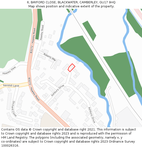 6, BAYFORD CLOSE, BLACKWATER, CAMBERLEY, GU17 9HQ: Location map and indicative extent of plot