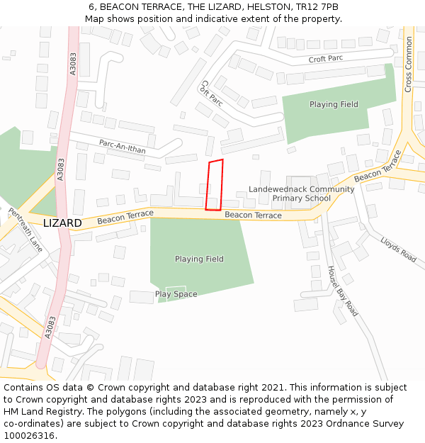 6, BEACON TERRACE, THE LIZARD, HELSTON, TR12 7PB: Location map and indicative extent of plot