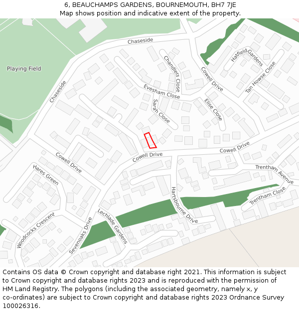 6, BEAUCHAMPS GARDENS, BOURNEMOUTH, BH7 7JE: Location map and indicative extent of plot