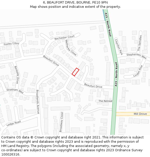 6, BEAUFORT DRIVE, BOURNE, PE10 9PN: Location map and indicative extent of plot