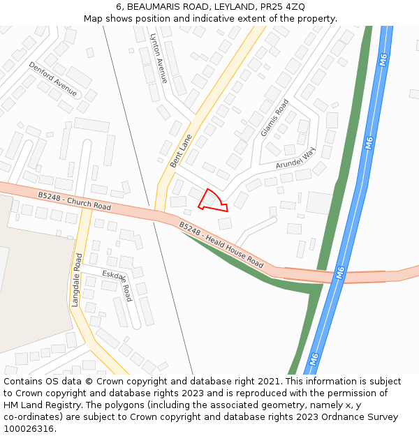 6, BEAUMARIS ROAD, LEYLAND, PR25 4ZQ: Location map and indicative extent of plot
